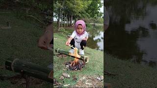 Lake Survival Hack Knife  Bamboo  Noodles🔥🔥 survivalskills bushcraft bamboo camping girl [upl. by Llenol]