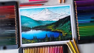 Mountains landscape drawing with brustro coloured pencils  drawing and arts uday [upl. by Ahsiemal183]