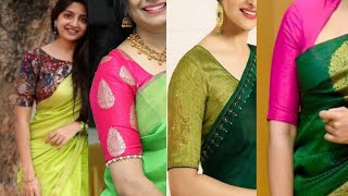 Plain green saree with contrast blouse designs ideas [upl. by Aroled]