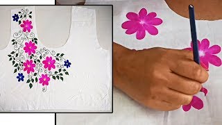 Designer Hand Painted Flower Design on Kurti Neck  Free Hand Painting on Fabric [upl. by Bessie]