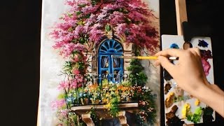 How to Paint a Balcony with Bougainvillea  Acrylic lessons [upl. by Theran]