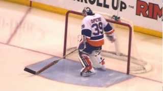 Rick DiPietro warms up during the Islanders  Senators hockey game [upl. by Omarr600]