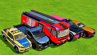 TRANSPORTING CARS AMBULANCE POLICE CARS MOTORCYCLE FIRE TRUCK OF COLORS WITH TRUCKS  FS 22 [upl. by Yttam763]