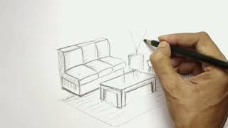 How to draw a drawing room sofa sets in 3d perspective easy beginners [upl. by Thursby]