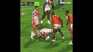 Justin Olam goes Hit Whack on Zac Lomax😲 NRL PRESEASON  Tigers v Dragons [upl. by Keese]