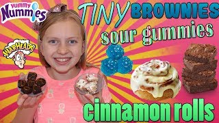 Yummy Nummies Tiny Brownies Cinnamon Rolls amp Sour Gummies [upl. by Enelaehs]