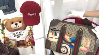 Gucci Courrier soft GG Supreme duffle bag 米色烏木色GG紅綠條紋刺繡裝飾貼紙手提肩背行李袋Charline Boutique歐洲名牌精品代購 [upl. by Small]