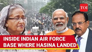 Sheikh Hasina In India Inside Hindon Air Force Base As Doval Meets Ousted Bangladesh PM [upl. by Cargian]