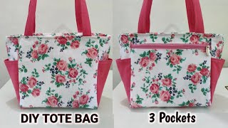 How to sew tote bag  3 POCKETS  How to make a Tote bag with lining  cloth bag making  Tote bag [upl. by Anerres]