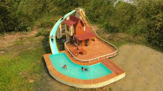 How To Build 2Story Bamboo Resort Swimming Pool And Modern Flyover Water Slide On Water [upl. by Barbur]