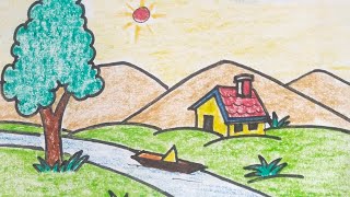 How to draw easy Village scenery  easy sketch for beginners  beutiful landscape [upl. by Leonidas]