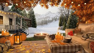 Cozy Terrace with First Snow Falling Ambience Fireplace Candles and Relaxing Winter Sounds [upl. by Ennaihs]