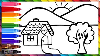 Dibuja y Colorea Un Paisaje Muy Fácil 🏠🌳🌄🌈 Dibujos Para Niños [upl. by Oiramad]