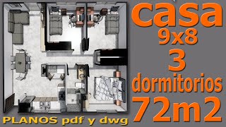 Casa de 72 m2 Plano de vivienda con 3 dormitorios 1 baño sala comedor cocina y lavado 9x8 [upl. by Estas]