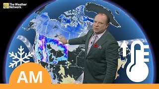 Warm Air for Ontario and East Snow Rain and Wind for BC and Alberta  WeatherAM [upl. by Akived]