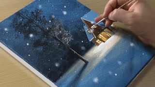 Painting a Snowy Winter Night  Acrylic Painting for Beginners [upl. by Tichon]