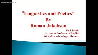 Roman Jakobson s Linguistics and Poetics by Dr S Santhi [upl. by Ekud]