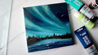 Easy acrylic painting for beginners  How to paint northern lights aurora painting on mini canvas [upl. by Gloriane241]