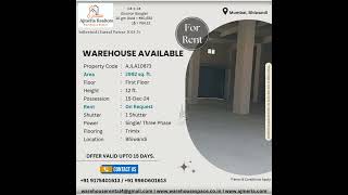 2992 SQ FT WAREHOUSE PROPERTY AVAILABLE ON RENT IN BHIWANDI SUITABLE FOR TOY AND GAMES STORAGE UNIT [upl. by Michiko]