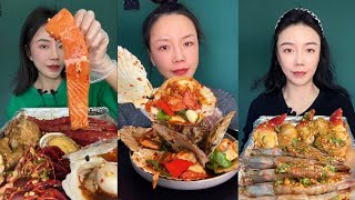 Mukbang 12Eat marinated seafood 🦞🍢 salmon oyster 🦪 shrimp 🦐🍤 scallops mukbang oyster food eat [upl. by Hook]