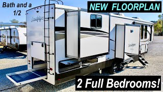 Check out this MASSIVE 2 Full Bedroom Fifth Wheel RV NEW FLOOR PLAN 2022 Sandpiper Luxury 388BHRD [upl. by Mcnutt]