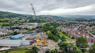 Ainscough Crane Assembly via drone Massive Build For Newtown Powys Bridge Lift [upl. by Granniah]