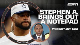 Stephen A TAKES NOTES ✍️🗒️ FIRED UP over Dak Prescott MVP talk Who gives a damn 👀  First Take [upl. by Leroj]