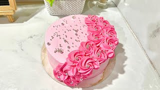 Cascading Pipped Rosette in Cake Idea  HalfMoon Decoration  Pink Rosette in Pink Cake Design fyp [upl. by Ycrep]