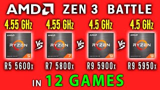 Ryzen 5 5600x vs Ryzen 7 5800x vs Ryzen 9 5900x vs Ryzen 9 5950x in 12 Games  AMD Zen 3 Battle [upl. by Hamlani123]