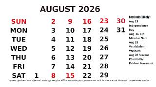 August Calendar 2026 [upl. by Kcam]