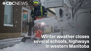 Winter weather closes several schools highways in western Manitoba [upl. by Gabriella]