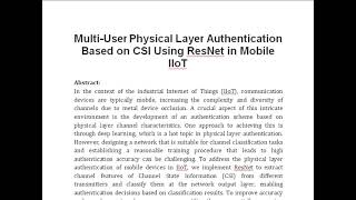 Multi User Physical Layer Authentication Based on CSI Using ResNet in Mobile IIoT [upl. by Nosac]