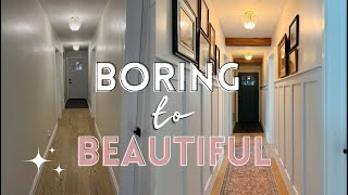 Hallway Makeover on a budget Faux beams board amp batten amp decorating from start to finish [upl. by Krause]