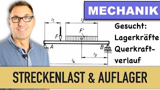 Stützkräfte am Balken  Lagerkräfte bei Streckenlast  Querkraftverlauf  Maximales Biegemoment [upl. by Sucy]