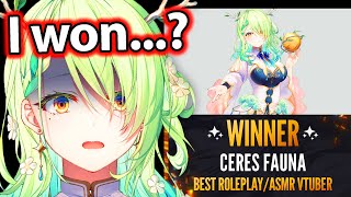 Fauna finds out she won BEST ASMR Roleplay in the Vtuber Award 【Ceres Fauna  Hololive EN】 [upl. by Ellenehs]