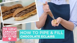 How To Pipe amp Fill Eclairs  The Great Canadian Baking Show [upl. by Atyekram21]