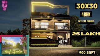 30X30 House Design 3D  3030 House Plan 4BHK With Car Parking  100 Gaj  900 Sqft Ghar Ka Naksha [upl. by Enyalahs387]