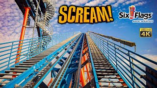 2022 Scream Floorless Roller Coaster On Ride Front Row 4K POV Six Flags Magic Mountain [upl. by Kimball]