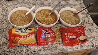 Maruchan vs Top Ramen vs Chef Woo 🍜 Beef Flavored Ramen Noodle Soup Review [upl. by Fuhrman]