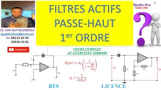 Filtre actif passehaut 1er ordre diagramme de Bode fréquence de coupure cours exercie corrigé [upl. by Suinuj]