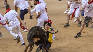 Un lâcher de taureaux quotfousquot aux célèbres fêtes de la San Fermín à Pampelune [upl. by Niel]