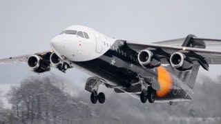 Titan Airways BAe146 takeoff in Snow HD [upl. by Wilhide870]