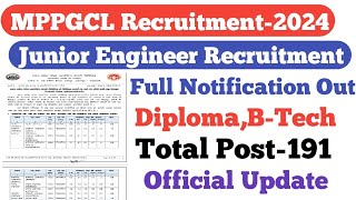 MPPGCL JE Recruitment OutDiploma amp BTechTotal Post191Official Update [upl. by Leilani304]