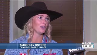 Barrel racer Amberley Snyder brings inspirational story to Minot [upl. by Ahsirtak]