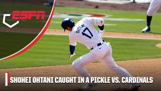 Shohei Ohtani CAUGHT IN A PICKLE after his first hit at Dodger Stadium 😳  ESPN MLB [upl. by Illek]