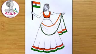 Republic Day Drawing Easy Steps  How to draw 26 January Drawing Easy StepTraditional Girl Drawing [upl. by Ivek]