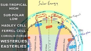 Subtropical high Subpolar low Easterlies Westerlies  Atmospheric circulation  Pressure belts [upl. by Ecirtaed]