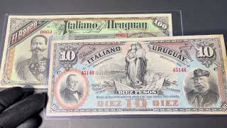 Episode 202 Uruguay 1887 Banco Italiano 10 amp 100 Pesos Colorful Banknotes [upl. by Brunk]