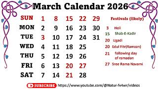 March Calendar 2026 marchcalender2026 [upl. by Kraul217]