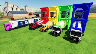 TRANSPORTING COLORED SCANIAIVECOISUZU MIXER CEMENTLOGISTIC CARGO TRUCK TO GARAGE WITH MAN TRUCKS [upl. by Zaller]